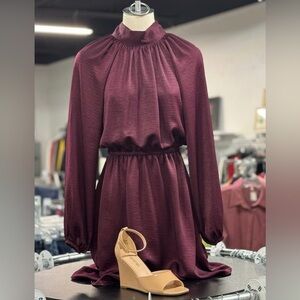 High-Neck Long Sleeve Women’s Dress in Wine
